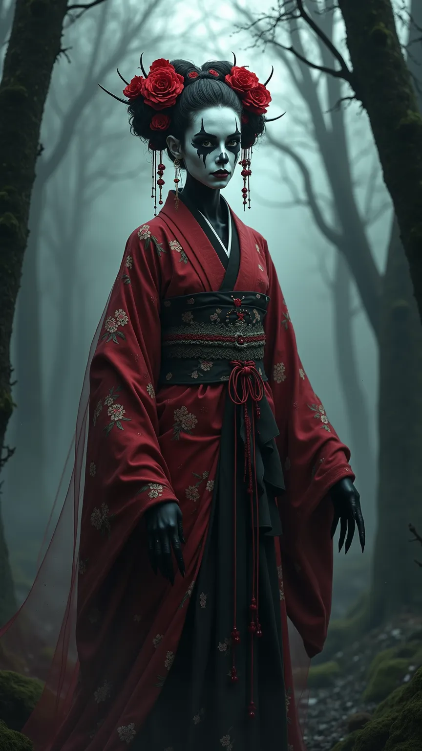 A striking figure in a dark, eerie forest, dressed in an elaborate red and black kimono adorned with floral patterns. The character has long, black, claw-like nails and wears a traditional Japanese hairstyle decorated with red flowers. Their face is painte...