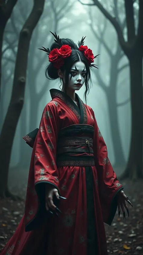 A striking figure in a dark, eerie forest, dressed in an elaborate red and black kimono adorned with floral patterns. The character has long, black, claw-like nails and wears a traditional Japanese hairstyle decorated with red flowers. Their face is painte...