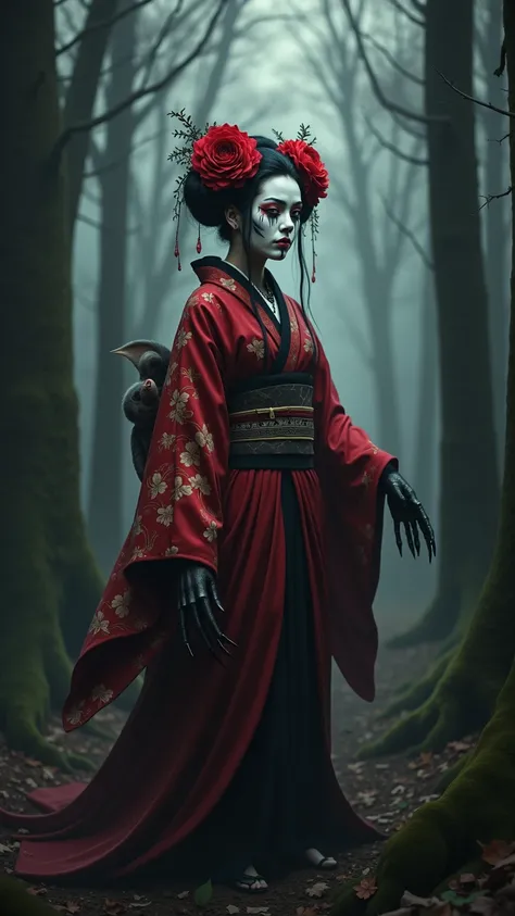 A striking figure in a dark, eerie forest, dressed in an elaborate red and black kimono adorned with floral patterns. The character has long, black, claw-like nails and wears a traditional Japanese hairstyle decorated with red flowers. Their face is painte...