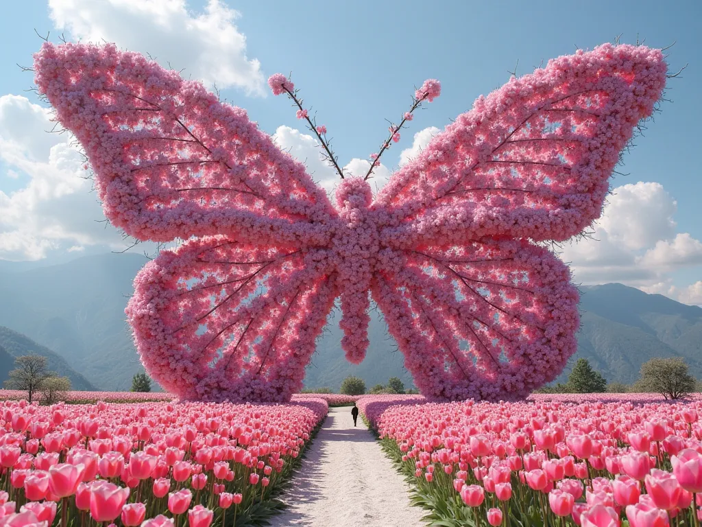 "Monarch butterfly metamorphosis installation, 6m wingspan formed by gradient pink hydrangea clusters, antennae made of wisteria vines, body structure using birch branches, fluttering paper-thin rose petal details, central pathway of pink tulip sea leading...