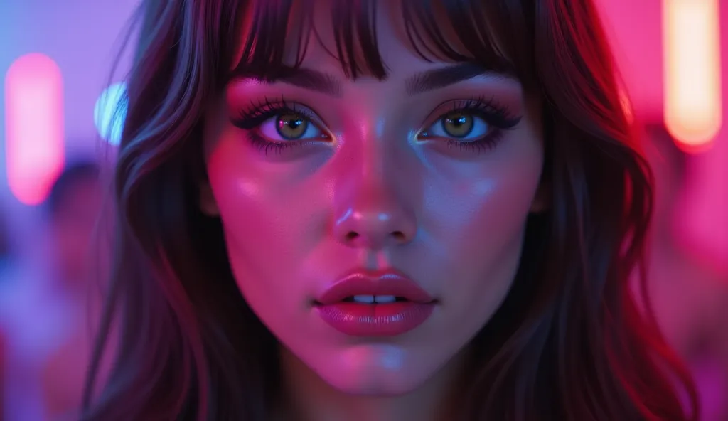 (best quality,4k,highres,masterpiece:1.2),ultra-detailed,realistic:1.37, close-up shot  photorealistic of

A hyper-realistic extreme close-up, front-facing, of a stunning woman’s face illuminated by vibrant magenta and blue club lights. Her deep green eyes...