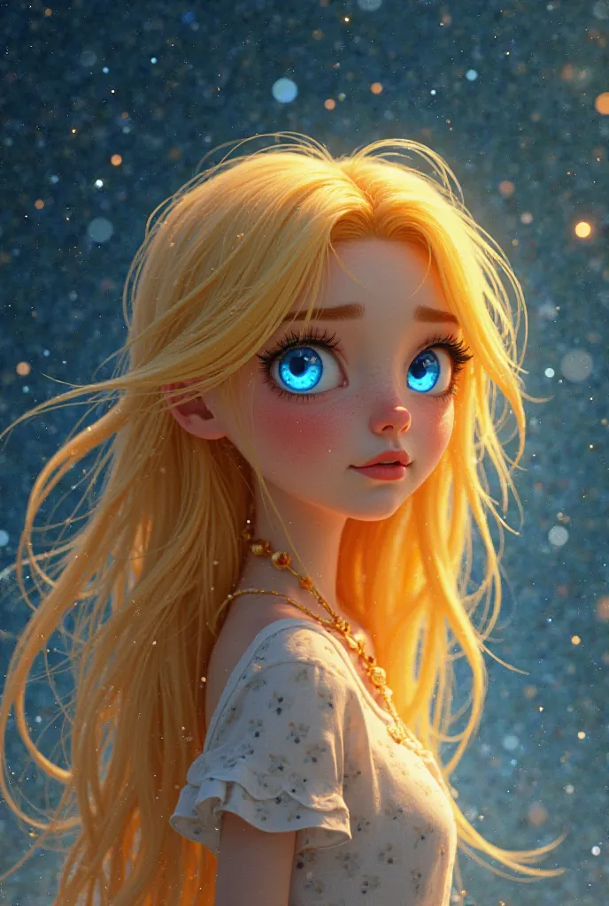 I want you to create a yellow hair and blue eye beautiful girl:Here is the story, condensed to fit a 30-second video script:

In a world where stars were alive, a young star named Aria lived in the Melodic Strings constellation. She fell in love with Leo, ...