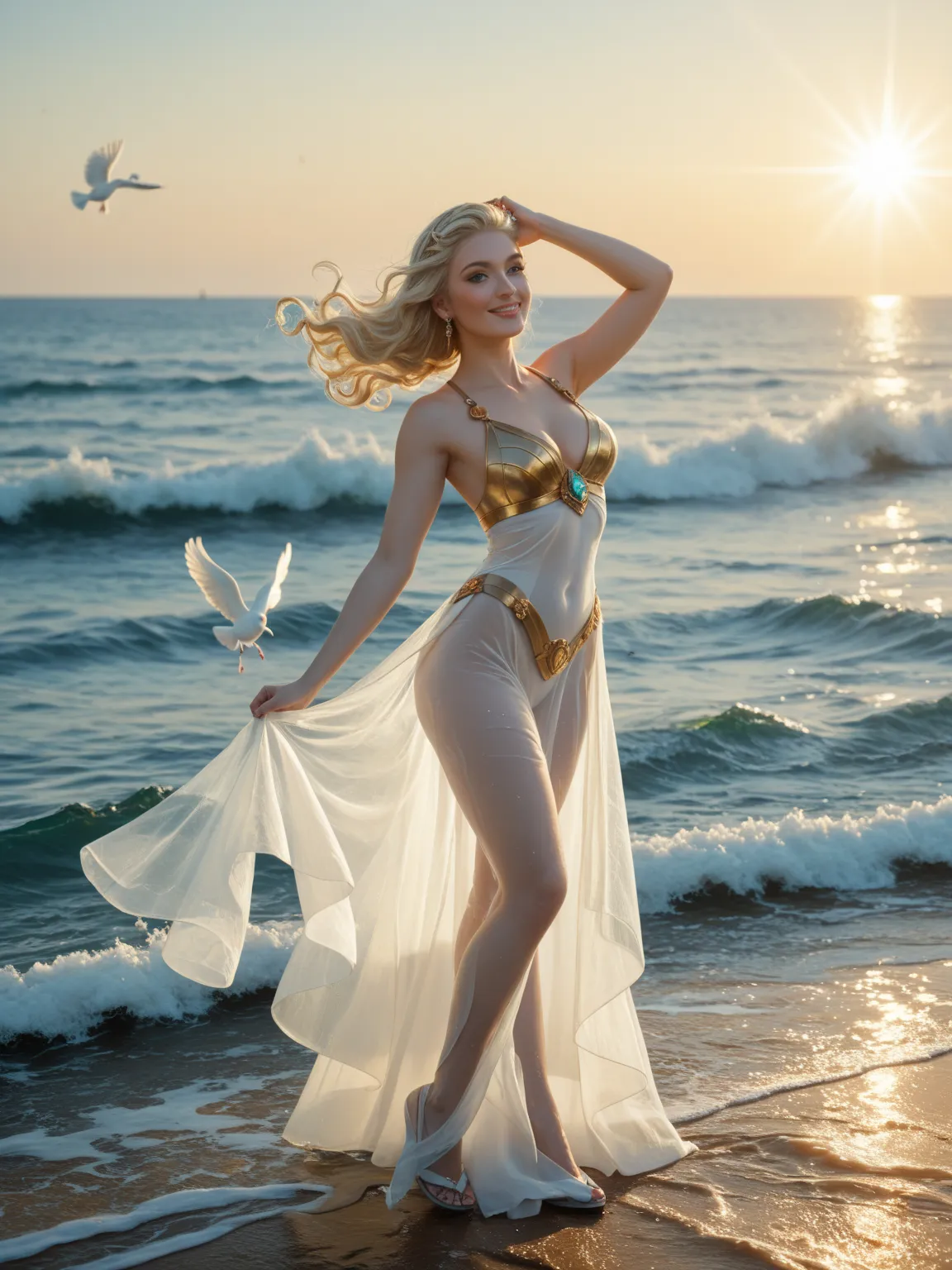 A breathtakingly beautiful Greek goddess, standing on the shores of the Aegean Sea, wearing a delicate, translucent silk peplos that flows like liquid gold. Her hair shimmers like sunlight, cascading down her shoulders. She is surrounded by white doves, an...