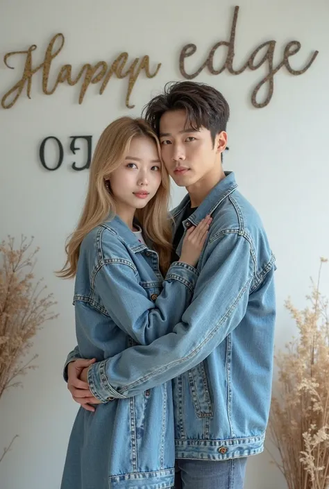 A pair of lovers. A beautiful woman with a Korean face, long blonde hair, in a long press jeans jacket with the text “EDGE” and a jeans skirt, is embraced by a handsome Korean-faced man With Short neat hair from behind, wearing matching clothes of his jean...