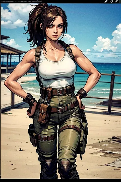 a military woman, well trained body, white sleeveless t-shirt, Exposed collarbone, beige leather shelter, blue pants, two leather belts with gun pockets, dark brown hair, carving, Brown eyes, hazel left eye, left eye with a scar, beach shore, at daytime, g...