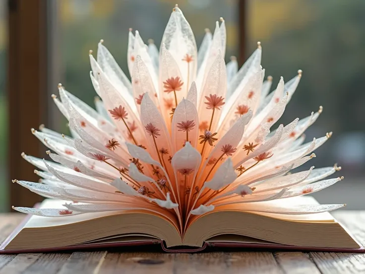 Opened book flower device，6-meter high spiral rising structure，white peony and light pink champagne rose dense glass surface，swirling flowers flow down the top，bottom layer light brown dried flower precipitation，There is a sea of flowers flowing，device wit...