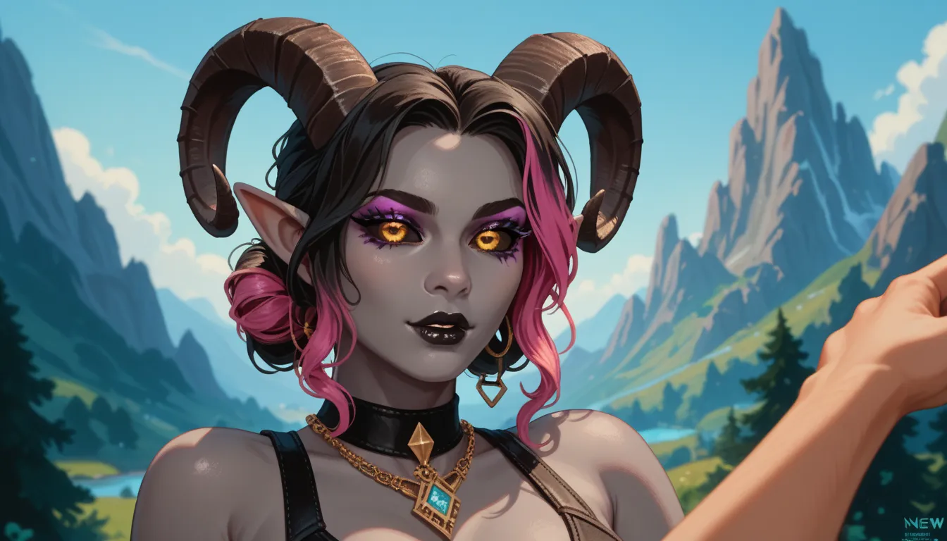 (NSFW:1.3), score_9, score_8_up, score_7_up, score_6_up, 1woman, POV standing over you, multi-colored hair, hairbun, golden eyes, trickster Rogue, Tiefling, glittery eyeshadow, dark lipstick, (grey skin, goat horns, black sclera)