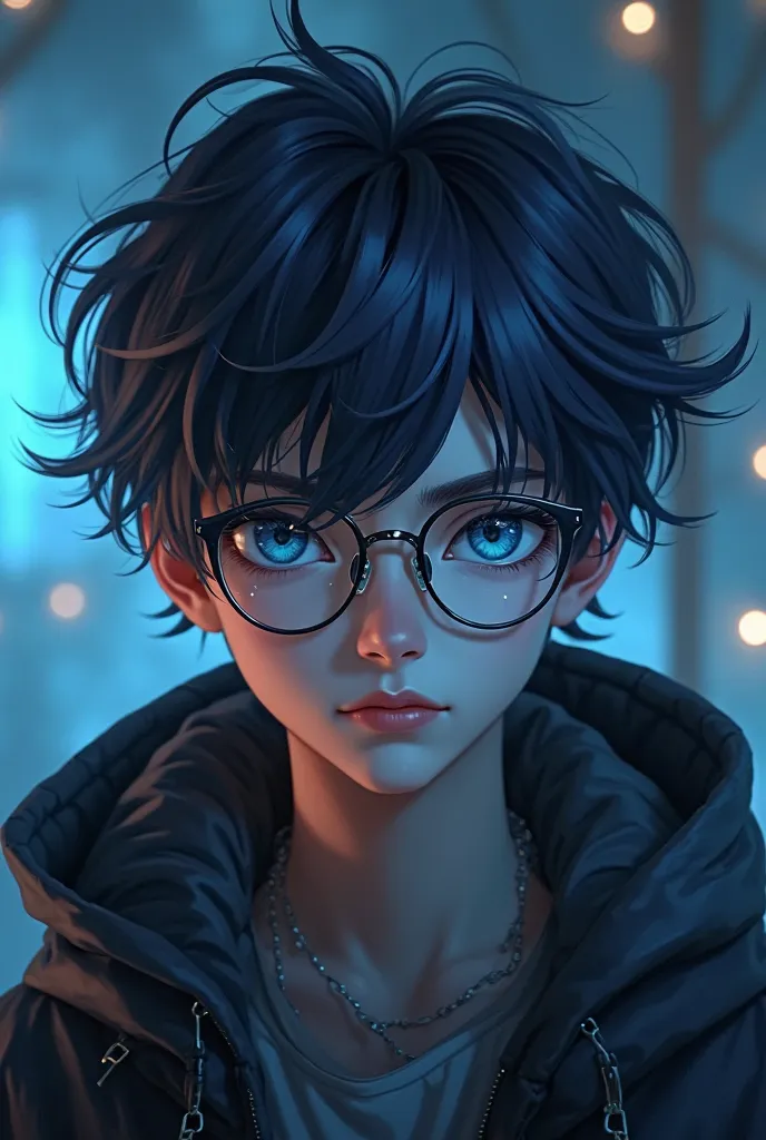 A handsome boy with dark blue hair and eyes who is wearing Glasses 