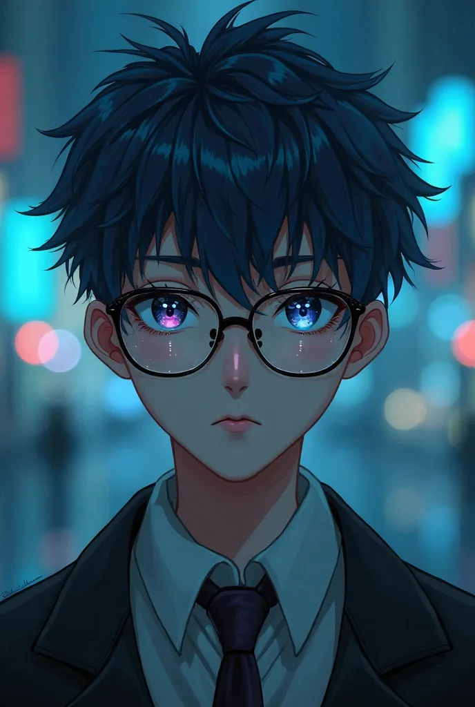 A handsome boy with dark blue hair and eyes who is wearing Glasses 