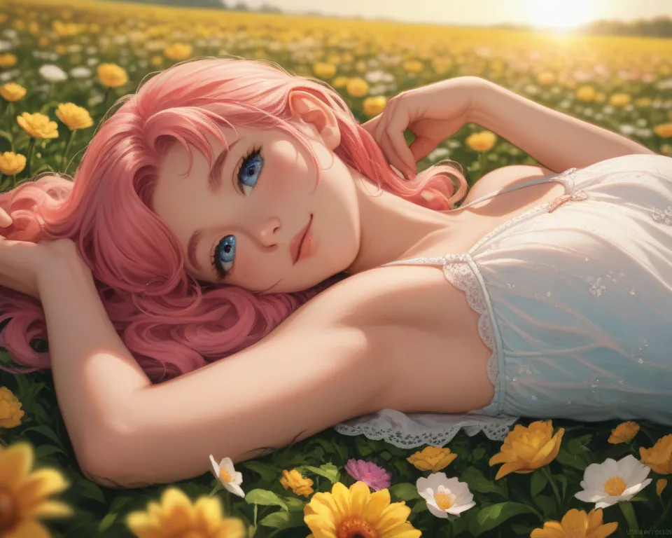 cute anime girl, In pastel tones ,and warm colors.  lying on flower crops