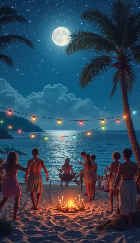 Generate a landscape with The Starry Sky, with a bright moonlight illuminating the calm sea. In the background, a relaxed seaside party, with people dancing barefoot, colorful drinks in the hand and an atmosphere of romance in the air.