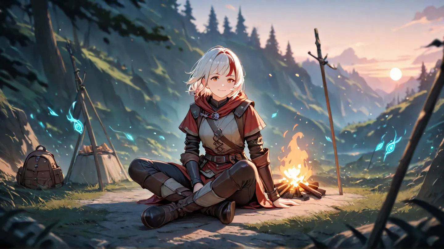  huge _very high resolution, high resolution,  masterpiece, recent, 1 female,  long hair, white hair, light smile, Medieval Adventurer Outfit, 1 man, short hair,  red hair, Fresh face,  soft_light,  blurry , sit on the floor, sunset, Mystic Glade, Backpack...