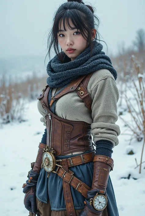 beautiful GLUTES, ethnic: Korean, fair white skins, shows  protruding booty overhang, underwer: face looking at the viewer, front view, Womancore: gradients battlefield: steampunk attires:   jumper: zippers belts clasps latches buckles:   : scarf watch cor...