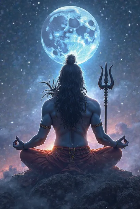 A powerful digital artwork of Lord Shiva in meditation, sitting on Kailash Parvat with a glowing aura. The background can have a cosmic touch with stars and a full moon, symbolizing divinity. His Trishul and Damru should be highlighted, and the mantra "ॐ न...