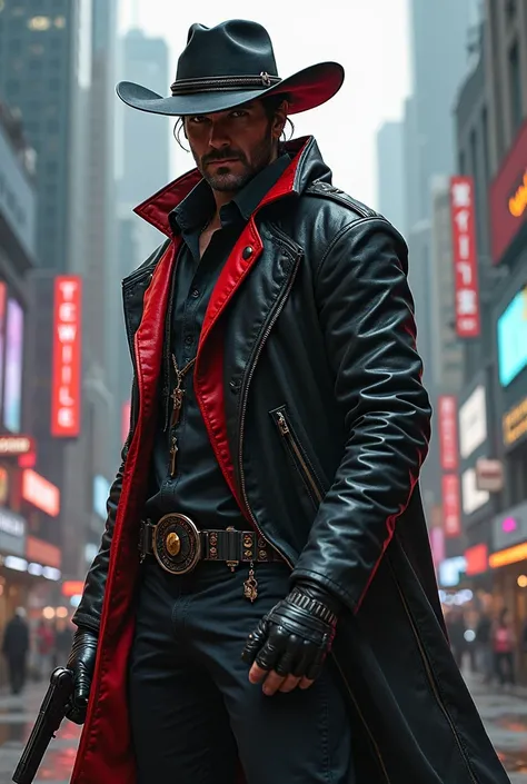 Cyberpunk  cowboy without cowboy hat with black duster with red interior