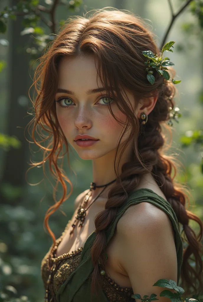 Create a loving partner of a beautiful aesthetic girl who lives in a forest, It has a unique and special beauty, Your brown hair, green eyes, Pale complexion makes her look beautiful, sweet and innocent. There's also a handsome hunter boy, rubio,  purple e...