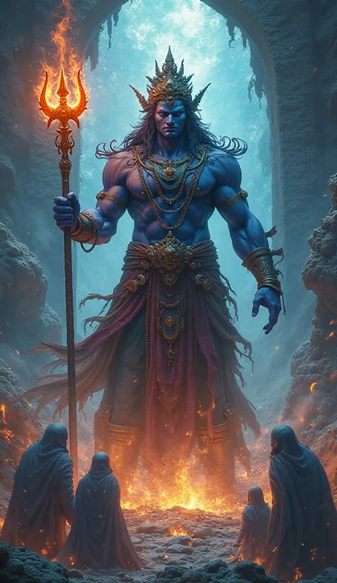 Bhairava - The Fearsome Guardian

A massive Bhairava with dark blue skin, holding a trident engulfed in cosmic flames. He stands at the entrance of a mystical portal, guarding the realms of existence, while ghostly apparitions bow before his divine presenc...