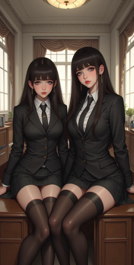 High definition,  Masterpiece , best quality,High detail, High quality, full length ,full frame,full height, straight hair, Breasts,  earrings, Blue eyes, makeup, scarlet lips,  two girls,  black stockings, Black short skirt,  business suit, office, Posing...