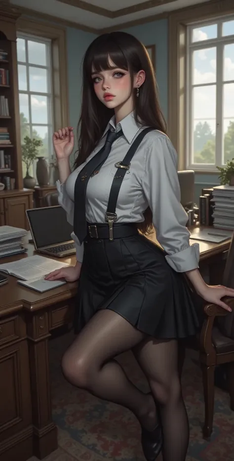 High definition,  Masterpiece , best quality,High detail, High quality, full length ,full frame,full height, straight hair, Breasts,  earrings, Blue eyes, makeup, scarlet lips,  two girls,  black stockings, Black short skirt,  business suit, office, Posing...