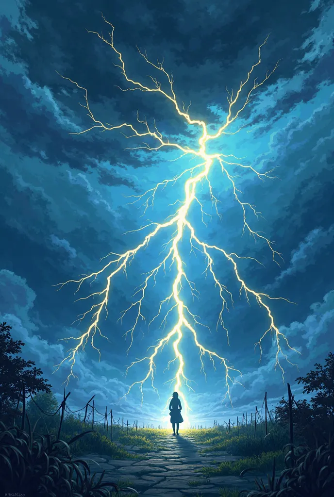 thunder and lights anime illustration style, vector, without any characters, predominating yellow and blue colors, effect with lights, no clouds