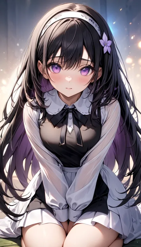 Highest quality, masterpiece, high resolution, Alone, {Akemi_ Homura_魔法少女まどか☆マギカ:1.15}, black_hair, length_hair, hairband, purple _eye, , 1 girls on the left,  accurately _in_viewer,  magical_ girls on the left, Portrait, black_hairband