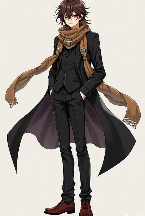 A boy with long brown hair brown eyes wears a black suit brown leather pants he wears dress shoes he has a scarf with a watch symbol around his neck anime style