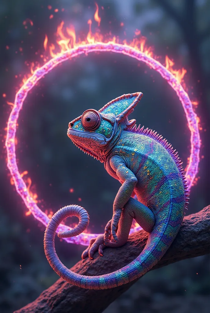  colorful chameleon inside a simple circular purple fireless portal with a tail blowing and realistic from the front