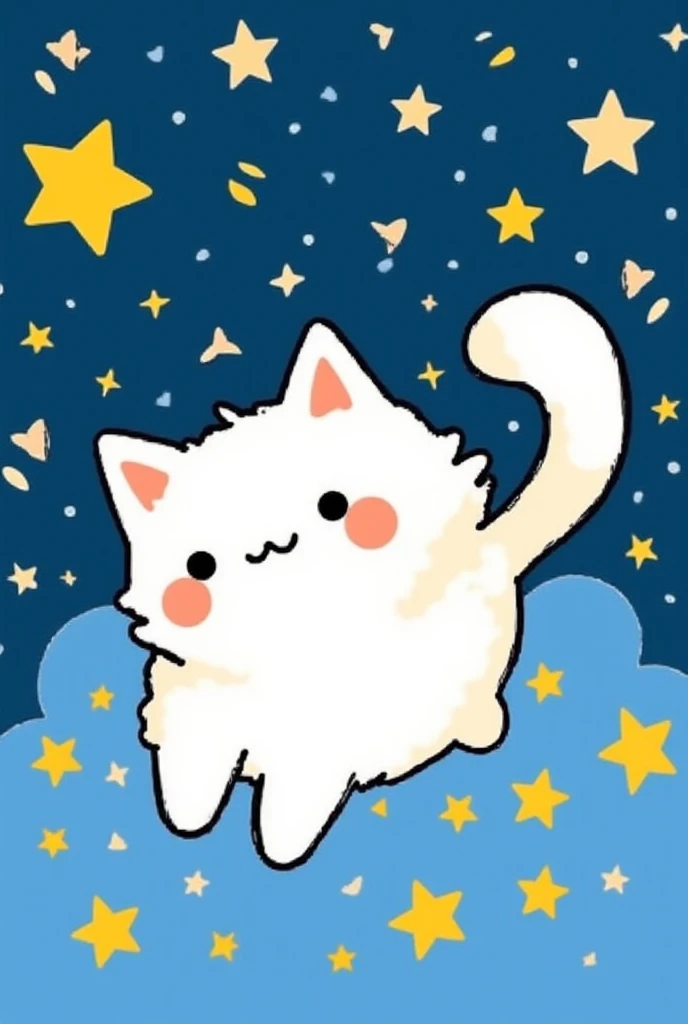 Improve the drawing style without losing the essence of adorable and simple,Exaggerate the stars in the cat and around and the cat is more fluffy and adorable