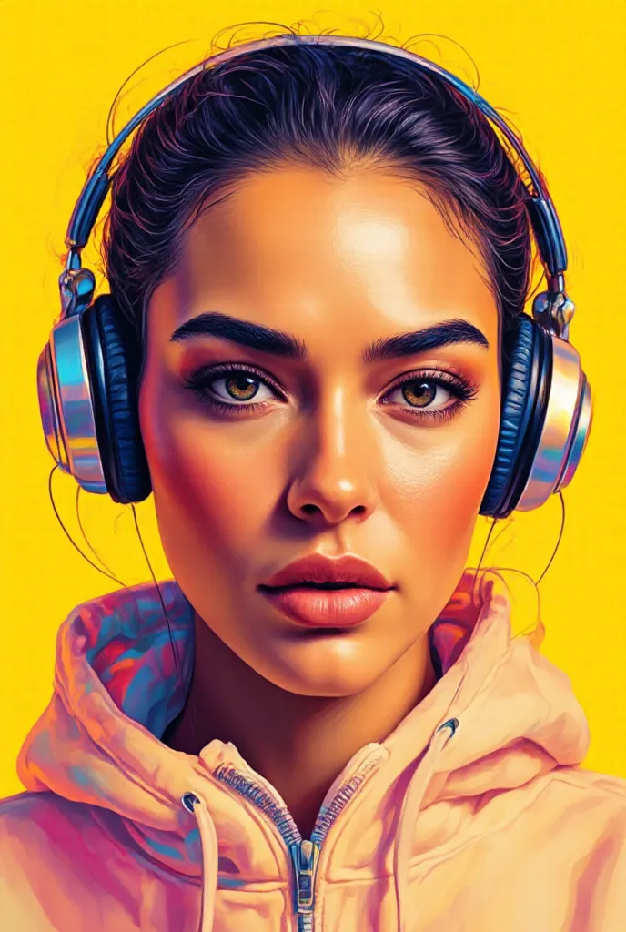 Create a portrait of a beautiful woman wearing a hoodie and headphones, in pop art style, on a yellow background 