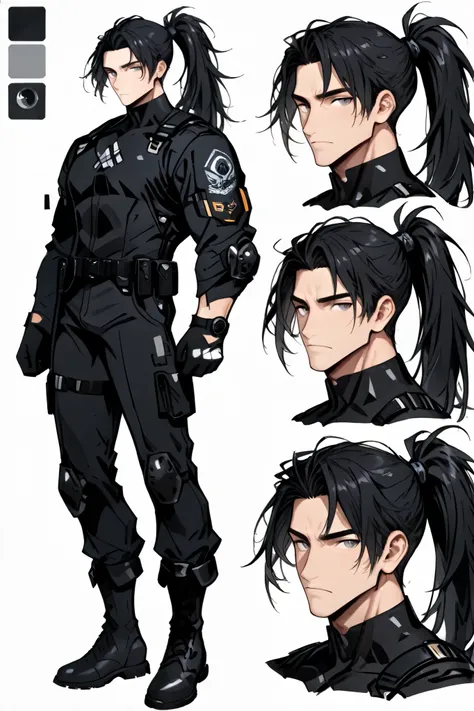 3 poses, turnaround character expression sheet: 1man, lean build, tall, very long dark hair in ponytail, grey eyes, tactical outfit(all black), black leather boots, standing pose, white background, absurdres, highquality, -upscale-