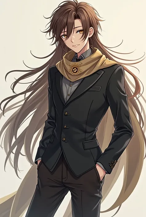 A boy with long brown hair brown eyes wears a black suit brown leather pants he wears dress shoes he has a scarf with a watch symbol around his neck anime style