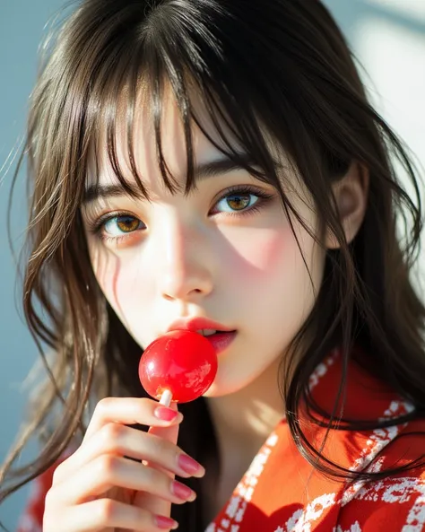 High Fashion very cute japanese woman Photography, Model Close-Up, Eating Lollipops, Intense Sunlight with Soft Shades, Glossy and Textured Skin with Subtle Highlights, Soft Gradation Background, japanese Idol Style Model With Autumn School Uniforms, Perfe...