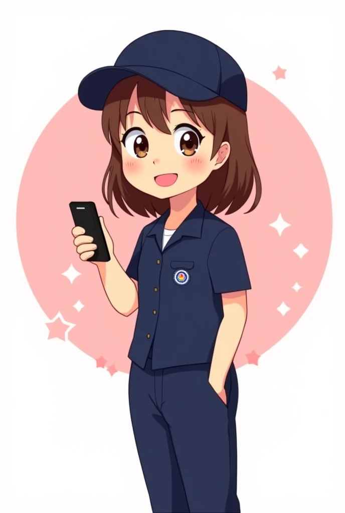 A cute cartoon style illustration of a brown-haired girl, wearing a dark blue short-sleeved uniform, dark blue slacks and a dark blue cap as her highlights. She has a cheerful expression, big round eyes, and a wide smile. She holds a black smartphone in on...