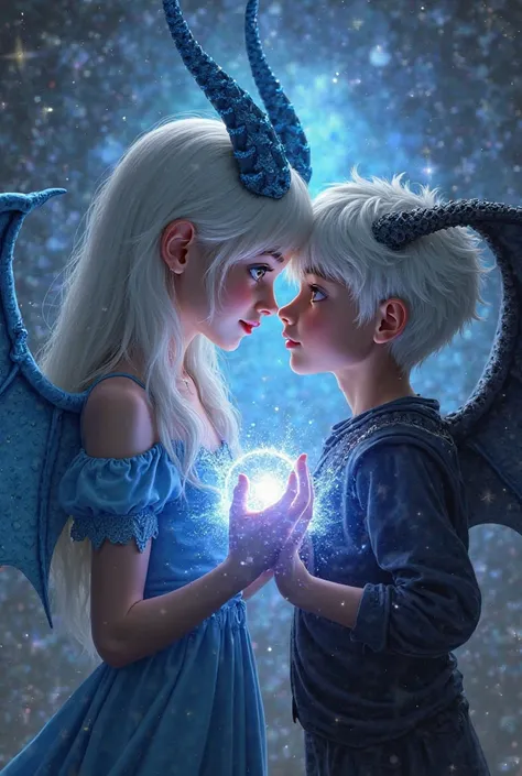 a young woman with white hair and lilac eyes, with blue dragon horns and wings, wearing a blue dress and holding a supernova, looking with her face close to a young boy with white hair and dark skin, with black horns and dragon wings, wearing dark clothes,...