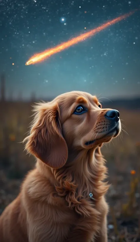 "Suddenly,A fluffy golden-brown dog with soft, wavy fur dog’s stops and looks up. The camera follows his gaze as a bright light appears in the sky. A fiery meteorite streaks across the sky, leaving behind a glowing trail of blue and orange flames. The dog ...