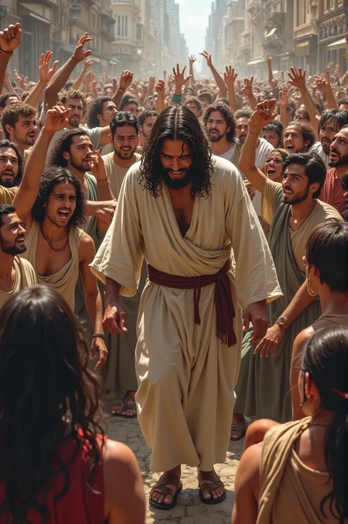 Create a realistic image of Jesus surrounded by people yelling at him and Jesus crying sadly