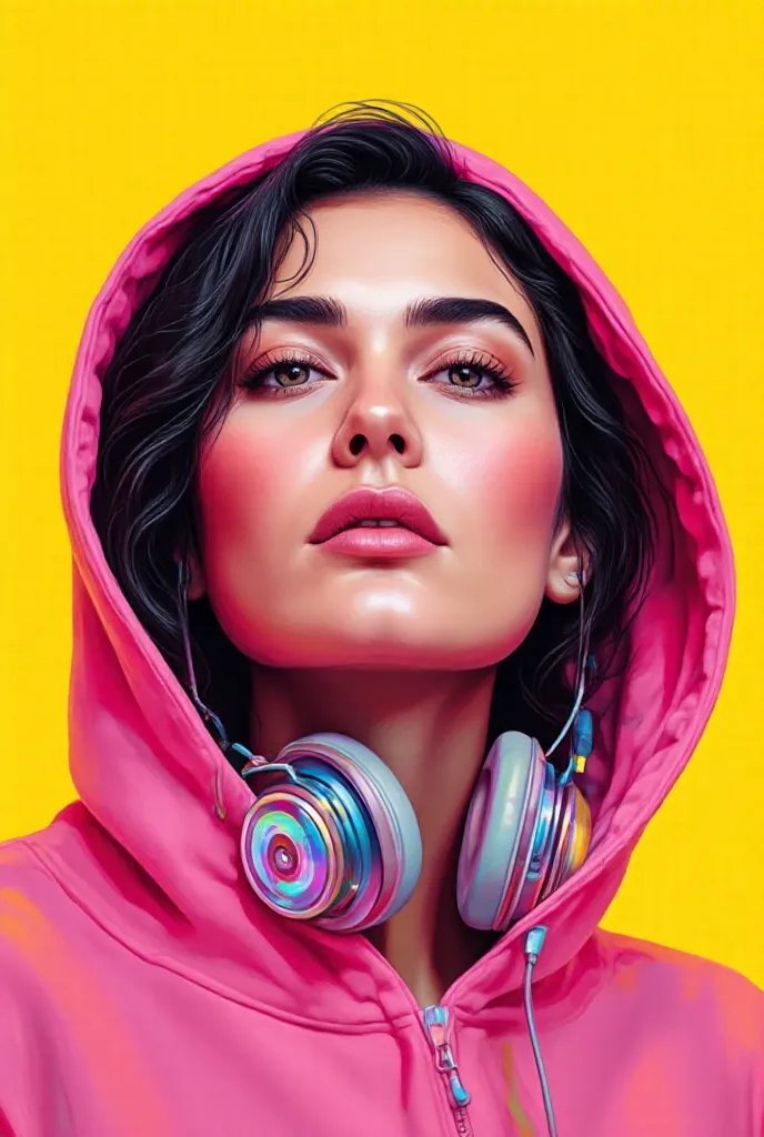 Create a portrait of a beautiful woman wearing a hoodie and headphones, in pop art style, on a yellow background 