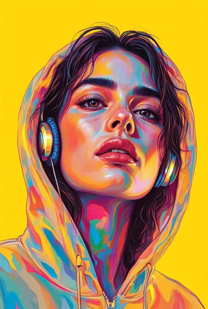 Create a portrait of a beautiful woman wearing a hoodie and headphones, in pop art style, on a yellow background 