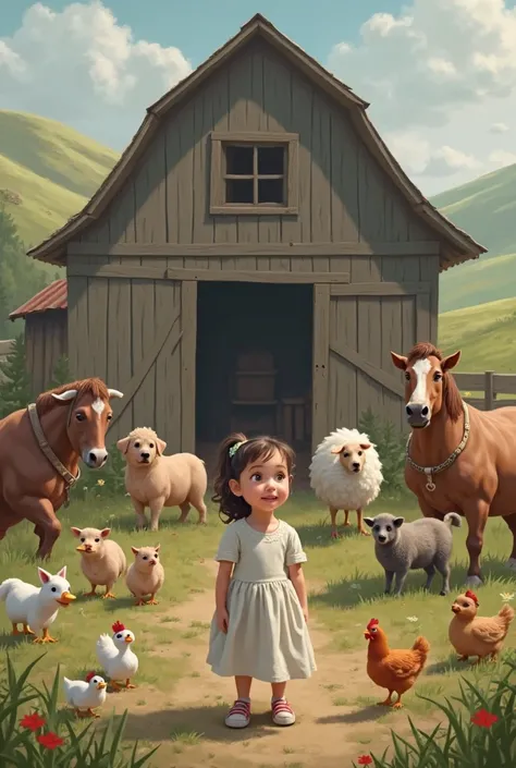 Baby girl in front of a barn with a dog, cat, pig, horse, cow, sheep, hen and ducks