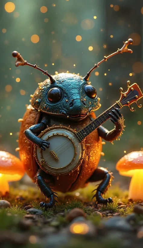 A chubby, round beetle with a shiny, iridescent shell, happily strumming a tiny banjo with its little arms. It taps its feet in rhythm, eyes sparkling with joy. The scene is set in an enchanted forest, where fireflies dance around glowing mushrooms, and ti...