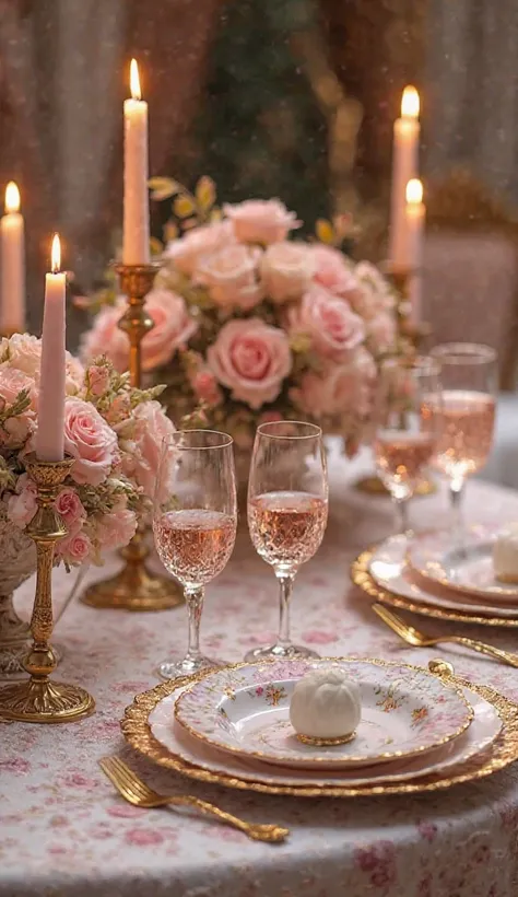 A romantic, fairytale-inspired dining setup with an elegant pastel pink and gold color palette. The table is covered in a delicate lace tablecloth with embroidered floral patterns. Each plate is fine porcelain with intricate golden detailing, accompanied b...