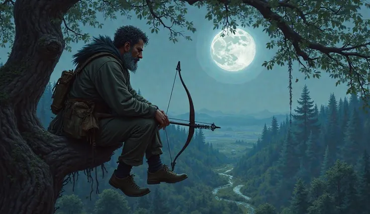 Prompt: The hunter sitting on a branch, exhausted, looking down at the forest floor. The moonlight casts a silver glow on the scene, and the wind rustles the leaves around him.
