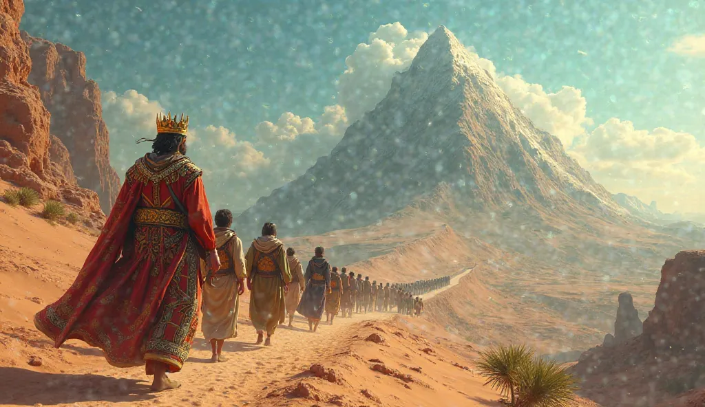 A king walking with his peaple toward to the oasis a top the mountain " in Africa arabic vision 