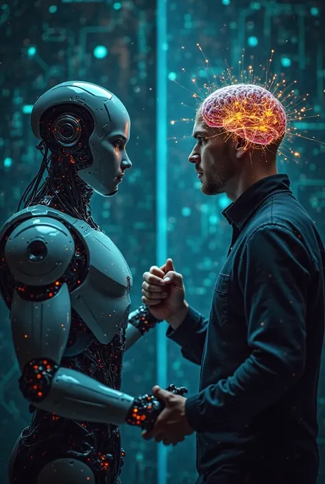 A dramatic close-up of a humanoid AI robot and a human shaking hands, symbolizing the collaboration of technology and humanity. The background features a split design – one half glowing with AI circuitry and the other half showing a human brain with neuron...