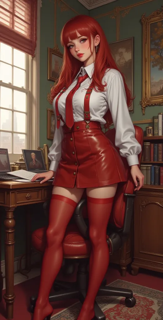 High definition,  Masterpiece , best quality,High detail, High quality, full length ,full frame,full height, straight hair,  red hair, big breasts,  earrings, Blue eyes, makeup, scarlet lips,  two girls, red stockings,  red short skirt ,  business suit , o...