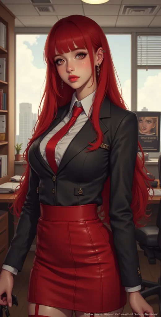 High definition,  Masterpiece , best quality,High detail, High quality, full length ,full frame,full height, straight hair,  red hair, big breasts,  earrings, Blue eyes, makeup, scarlet lips,  two girls, red stockings,  red short skirt ,  business suit , o...