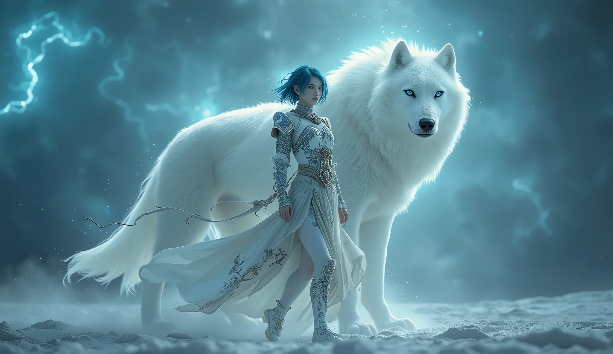 Imagine A Unreal Beauty Italian Short Cut Straight Blue Hairs Wearing Unrealistic Unique Design Warrior Hard Outfit Walking Straight, A Giant Giant White Wolf Standing Behind Her As Her Guardian, 9 Feet Hieght Giant Wolf Guardian Standing Behind Her , Youn...