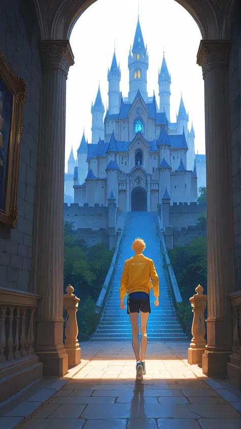 masterpiece, best quality, ultra-detailed, a handsome man, man, solo, hood, beautiful blond hair, beautiful blue eyes, beautiful eyes, slim, slender

running, leaving, inside the castle, back view