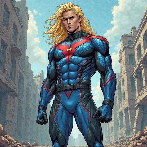 Male superhero. Long blonde mullet with crimson trim. Blue bodysuit with blue scales. Black on trim of costume. Long gloves. Long boots. Fit. He-Man. Stephen Universe. Yugioh. My Hero Academia. Venom. Spawn. Jojo's Bizarre Adventure. Comic style. Digital a...