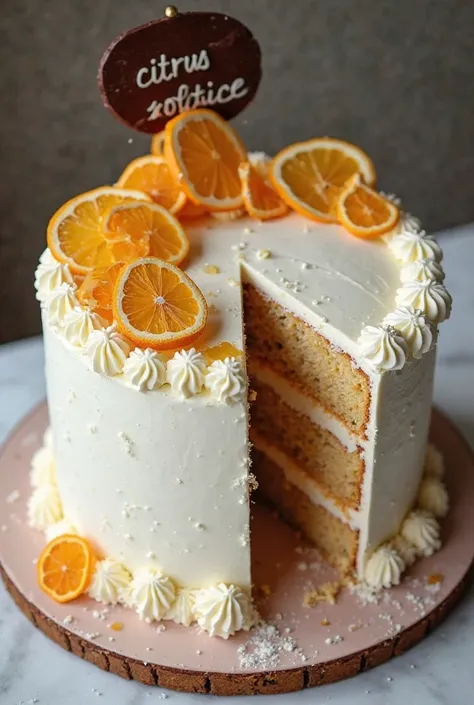 A single tear cake, double layers. A moist lemon sponge cake with raspberry filling, covered in white buttercream and white and orange icing details with dried orange and lemon slices and some honey on one side with a chocolate sign saying “citrus solstice...